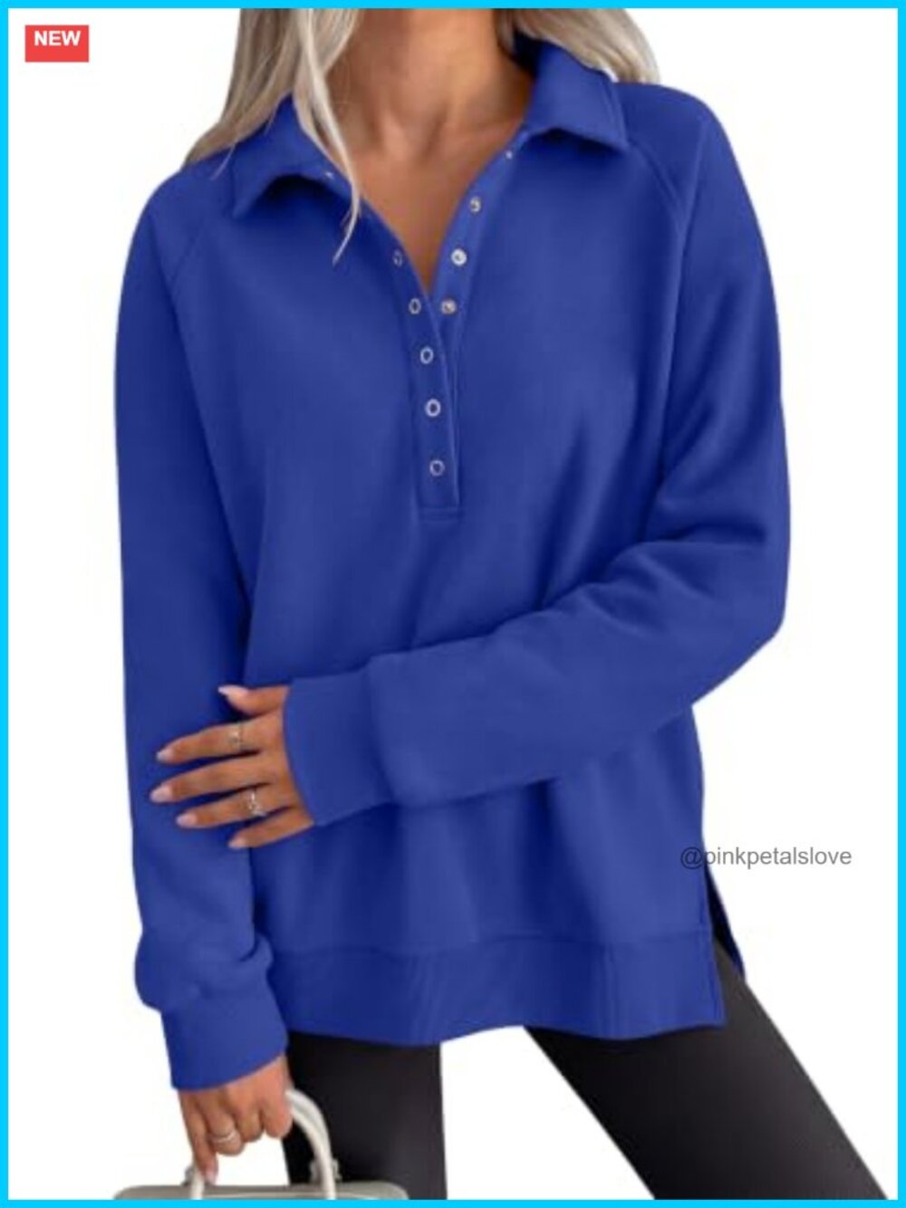 Oversized Button Up Henley Sweatshirt Fleece Lined Casual Work